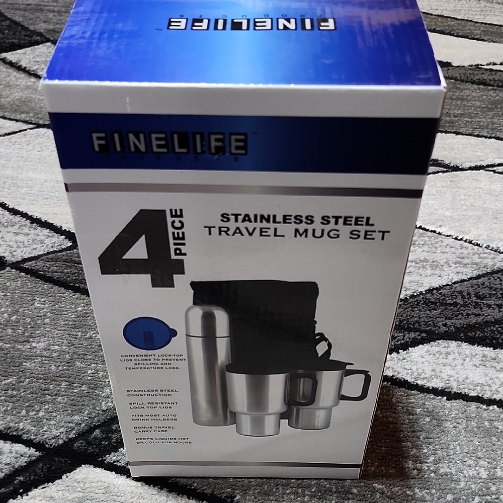 FINELIFE STAINLESS STEEL INSULATED 4-PC TRAVEL THERMOS/FLASK MUGS & CASE SET